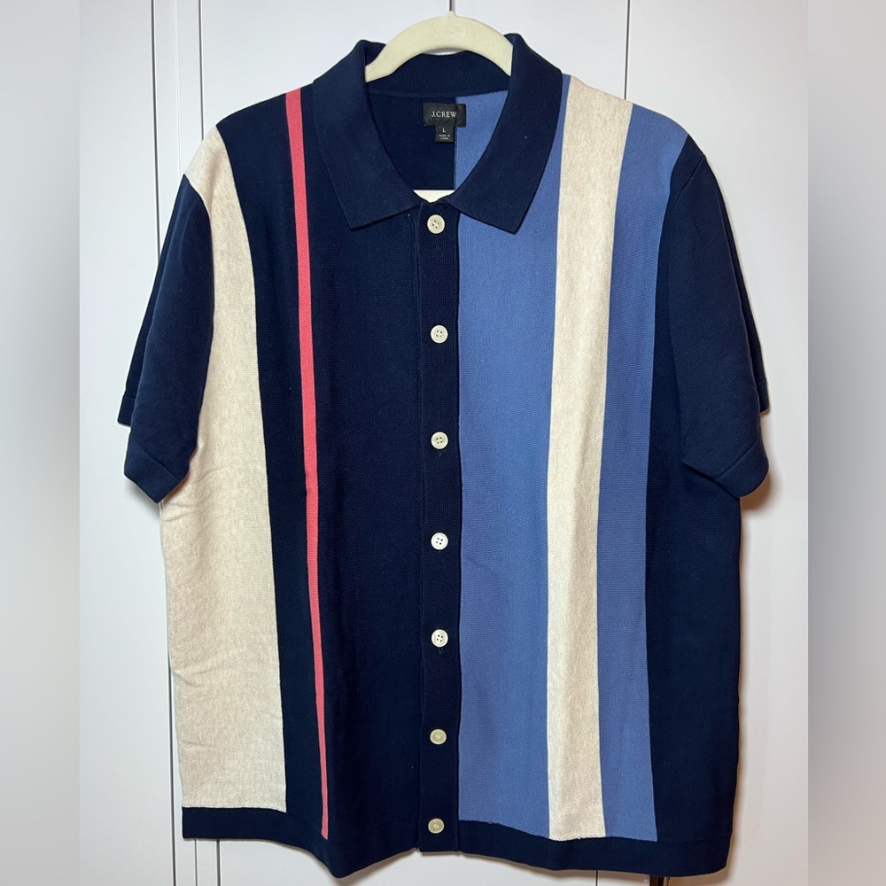 JCrew Men’s Striped Button-Up Polo Shirt Size Large
